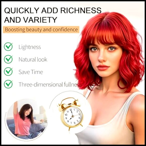 Short Wavy Bob Wig with Bangs Heat Resistant Synthetic Hair for Daily Party